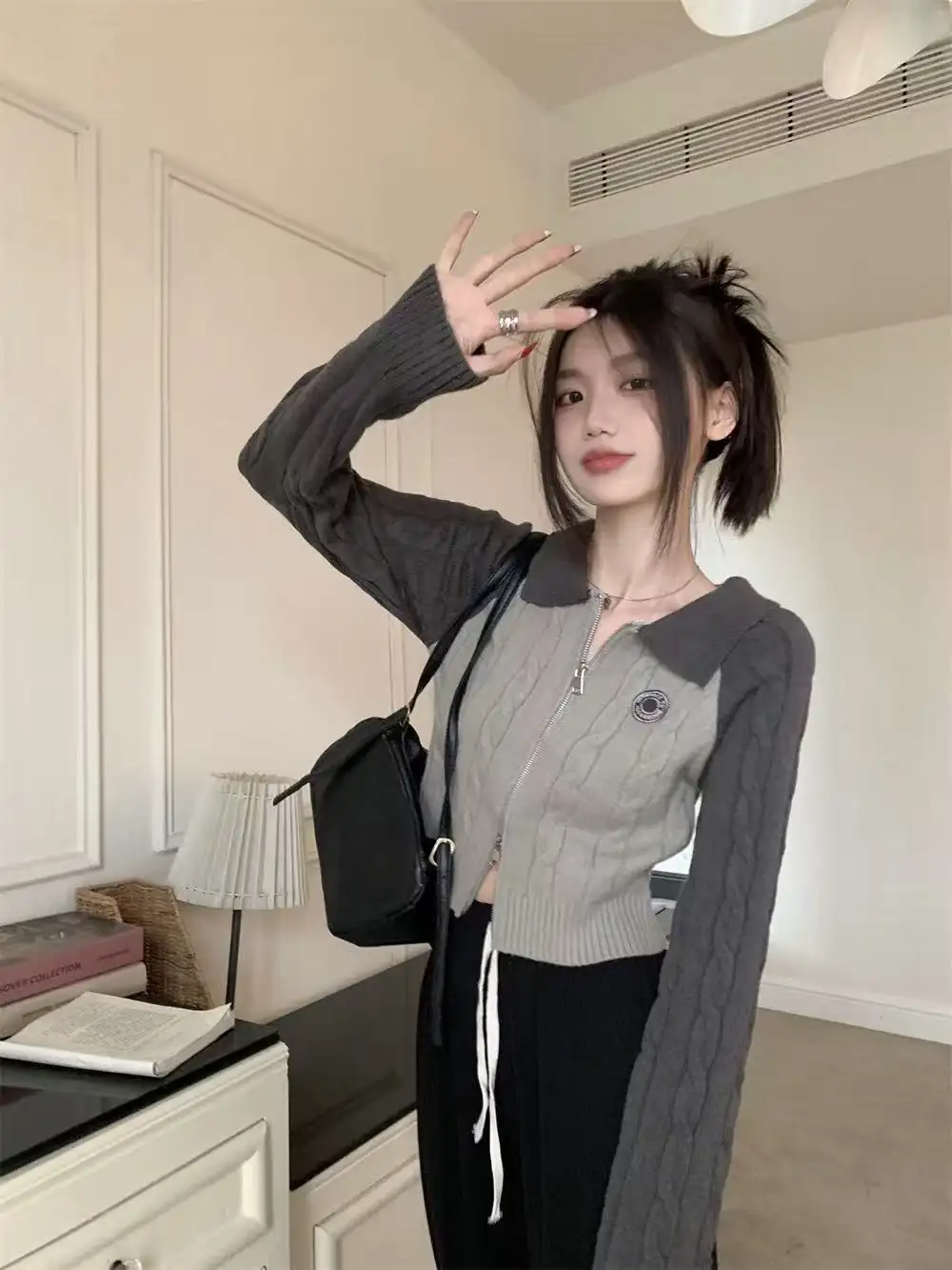 레트로 배색 더블 지퍼 가디건 상세 이미지 3