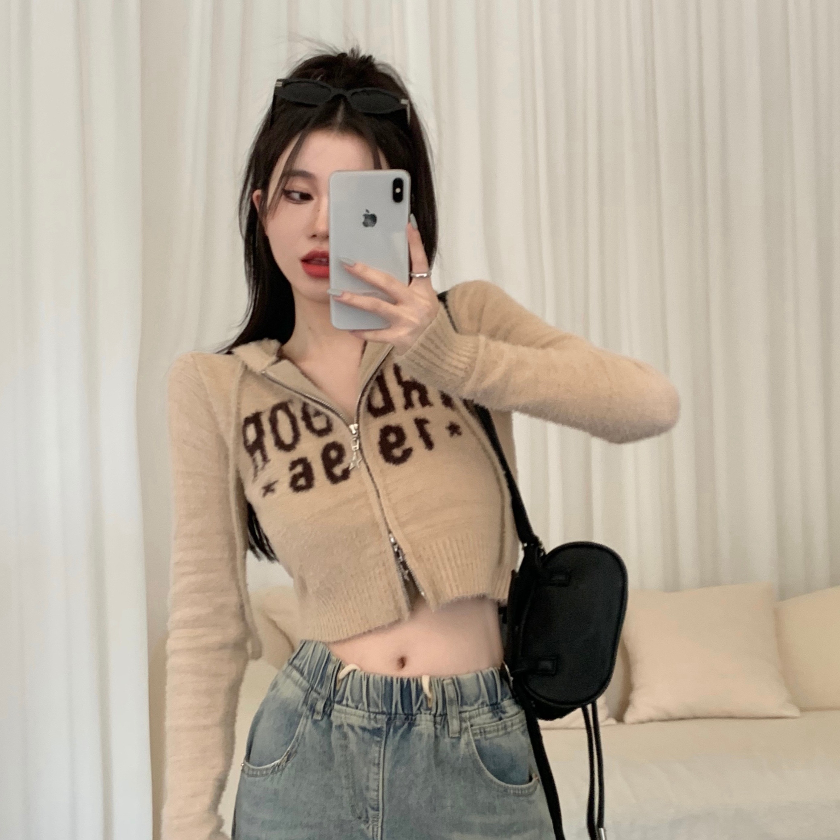 美式复古辣妹连帽针织设计感小众春季新款上衣女