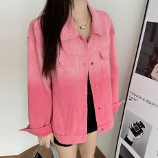 批发粉色牛仔时尚设计外套2026春<b class='q'>秋</b>新款复古渐变宽松百搭夹克上衣