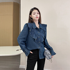 批发2026春秋牛仔衬衫欧美长袖叠层装饰衬衣上衣新款娃娃领衬衫