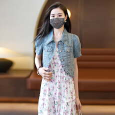 批发新款韩系高腰牛仔短袖气质上衣女<b class='q'>夏</b>季复古港风百搭短款外套短外套