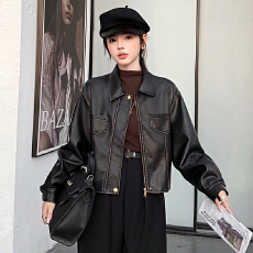 批发酷飒风美式短款皮衣外套女2026<b class='q'>春</b>季修身PU复古机车夹克上衣