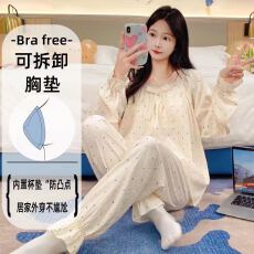 批发夜眠云朵棉方领睡衣女春秋甜美少女带胸垫长袖长<b class='q'>裤</b>家居服套装