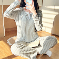 批发慵懒风毛毛抓绒蕾丝边睡衣两件套温柔针织四季通用坑条条纹家居服
