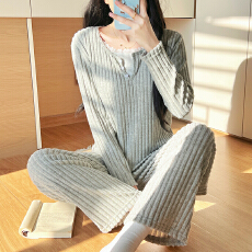 批发慵懒风毛毛抓绒蕾丝边睡衣两件套温柔针织四季通用坑条条纹家居服