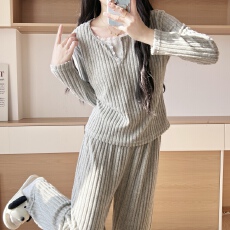 批发慵懒风毛毛抓绒蕾丝边睡衣两件套温柔针织四季通用坑条条纹家居服