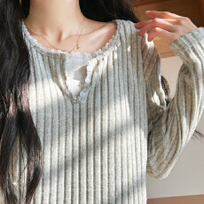 批发慵懒风毛毛抓绒蕾丝边睡衣两件套温柔针织四季通用坑条条纹家居服