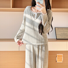 批发慵懒风毛毛抓绒蕾丝边睡衣两件套温柔针织四季通用坑条条纹家居服