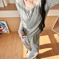 批发慵懒风毛毛抓绒蕾丝边睡衣两件套温柔针织四季通用坑条条纹家居服