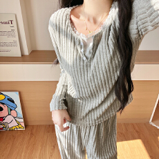 批发慵懒风毛毛抓绒蕾丝边睡衣两件套温柔针织四季通用坑条条纹家居服