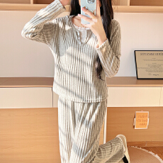 批发慵懒风毛毛抓绒蕾丝边睡衣两件套温柔针织四季通用坑条条纹家居服