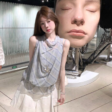 批发韩系蓝色无袖格纹t恤女<b class='q'>夏</b>季2026新款气质穿搭背心荡领上衣两件套