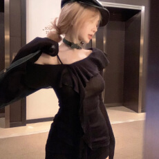 批发<b class='q'>荷叶边</b>斜肩长袖针织衫上衣女初秋2025新款修身露肩纯欲风内搭<b class='q'>毛衣</b>