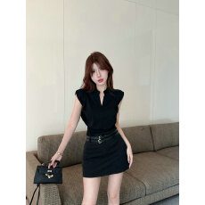 批发无袖V领短款上衣女<b class='q'>夏</b>150小矮个子双腰带辣妹包臀a字半身裙两件套
