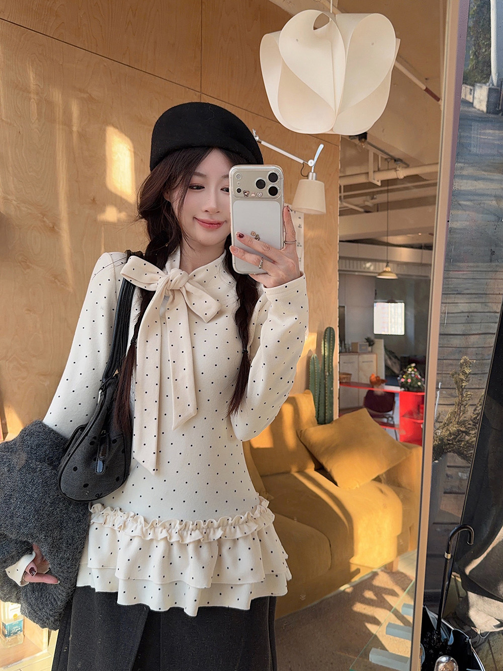 MY16603# kumikumi韩系绑带蝴蝶结荷叶边波点T恤修身显瘦加绒打底衫女裝貨源服裝批發