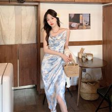 批发已出货 夏季新款优雅随性水墨花朵<b class='q'>性感</b>开叉吊带裙