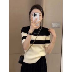 批发已出货 韩系高级感<b class='q'>条纹</b>正肩短袖<b class='q'>针织</b>衫t恤女夏季薄款圆领内搭打底