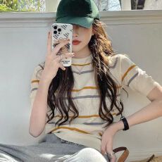 批发已出货 韩版学生<b class='q'>条纹</b>冰丝<b class='q'>针织</b>短袖t恤女薄款设计感小众上衣夏