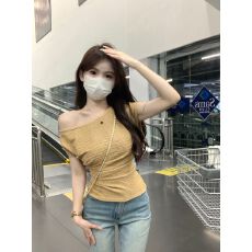 批发已出货 斜肩肌理感韩版短袖T恤女夏<b class='q'>修身</b>露肩内搭气质chic上衣