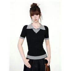 已出货 韩系撞色POLO翻领正肩短袖针织衫2026夏季修身显瘦时尚假