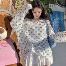 批发已出货 薄款碎花长袖防晒上衣女甜美蝴蝶结宽松圆领T恤