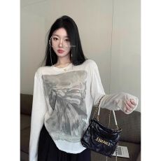 批发已出货 韩系慵懒风水墨印花长袖 T 恤女宽松显瘦薄款防晒上衣