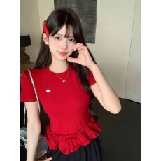 批发已出货 新款甜辣芭蕾<b class='q'>时尚</b>花边下摆圆领短袖t恤女内搭修身上衣