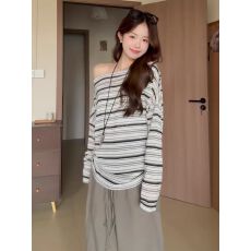 批发2026春夏新款防晒长袖<b class='q'>T</b><b class='q'>恤</b>女收腰显瘦韩版小众一字领斜肩条纹上衣