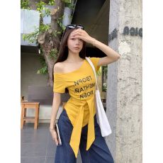 批发已出货 时尚露肩字母T恤夏季辣妹系带<b class='q'>不规则</b>短袖斜肩上衣女ins