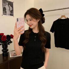 批发韩系复古polo领麻花短袖<b class='q'>针织衫</b>女夏季温柔风气质小众甜美打底上衣