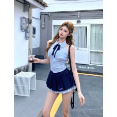 批发纯欲甜辣妹<b class='q'>格子衬衫</b>夏季新款学院风无袖收腰上衣女