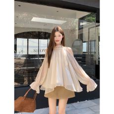 批发已出货 法式气质飘带露肩长袖<b class='q'>衬衫</b>女装2026年春<b class='q'>夏季</b>减龄宽松时尚