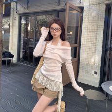 批发已出货 辣妹<b class='q'>套装</b>女长袖针织罩衫杏色上衣+蕾丝内搭背心两件套