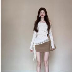 批发已出货 辣妹<b class='q'>套装</b>女长袖针织罩衫杏色上衣+蕾丝内搭背心两件套