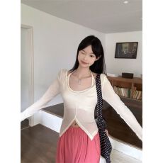 批发春夏甜辣妹挂脖美式复古设计感假两件<b class='q'>长袖</b>打底衫女内搭上衣高级感