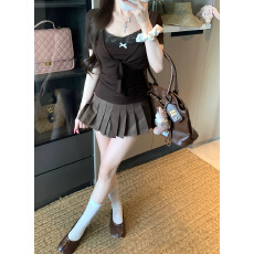 批发夏季新款纯欲风蝴蝶结拼接蕾丝背心+短袖开衫绑带套装