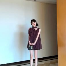 挂脖连衣裙女法式高级感名媛紫色无袖V领雪纺裙子宽松显瘦a字裙