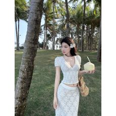 批发已出货 V领蕾丝短袖上衣女夏季2026年新款半身裙套装辣妹气质性感