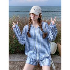 批发已出货 休闲运动套装女夏季2026新款宽松薄款条纹长袖防晒衣短裤
