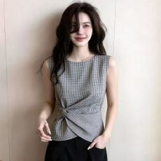 批发复古灰色格纹无袖衬衫女新款收腰百搭上衣扭结设计<b class='q'>打底衫</b>