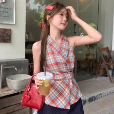 批发已出货 格纹V领吊带背心女新款甜辣风蝴蝶结收腰修身显瘦衣ins