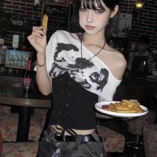 批发美式<b class='q'>街头</b>风斜肩短袖女夏季束腰绑带辣妹短款T恤露肩百搭上衣潮y2k
