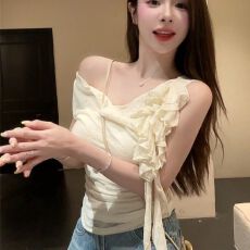 批发已出货 <b class='q'>花朵</b>飘带短袖<b class='q'>T</b><b class='q'>恤</b>女夏收腰褶皱背心温柔修身显瘦上衣