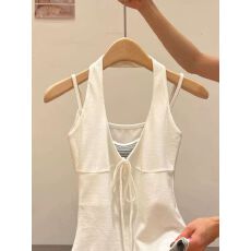 批发美式辣妹风挂脖条纹假两件吊带背心女夏上衣