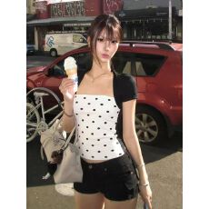 批发复古假两件条纹拼接短袖 T 恤女辣妹风纯欲显瘦百搭短款上衣