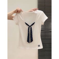 批发甜妹白色方领波点蝴蝶结短袖 T 恤女修身显瘦温柔风百搭短款上衣
