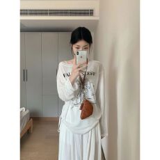 批发韩系白色蝴蝶结印花<b class='q'>长袖</b> <b class='q'>T</b> <b class='q'>恤</b>女<b class='q'>宽松</b>显瘦慵懒风百搭休闲防晒上衣