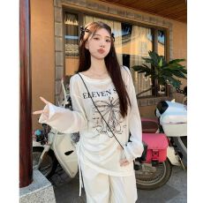 批发纯欲白色蝴蝶结印花<b class='q'>长袖</b> <b class='q'>T</b> <b class='q'>恤</b>女<b class='q'>宽松</b>显瘦慵懒风百搭休闲防晒上衣