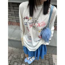 批发猫咪卡通印花<b class='q'>长袖</b> <b class='q'>T</b> <b class='q'>恤</b>女<b class='q'>宽松</b>显瘦减龄百搭薄款防晒上衣