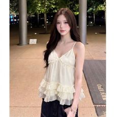 法式粉白格纹木耳边 V 领吊带女夏季甜美风外穿减龄短款上衣